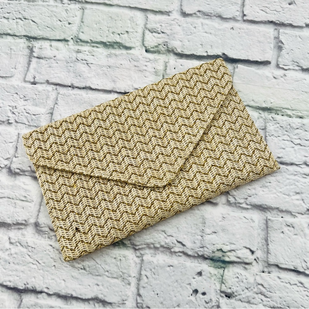 Envelope Clutch Purse Bag Woven Tan and Gold